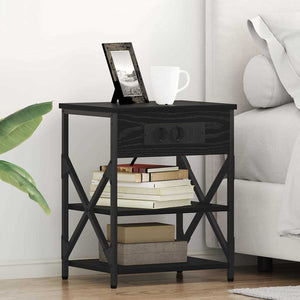 Nachttisch mit Regal, 2er-Set, Schwarz/Eiche