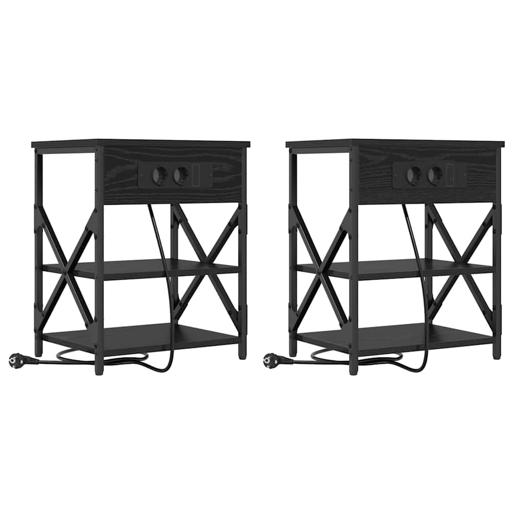 Nachttisch mit Regal, 2er-Set, Schwarz/Eiche