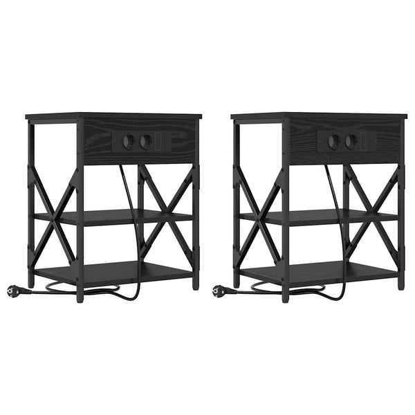 Nachttisch mit Regal, 2er-Set, Schwarz/Eiche