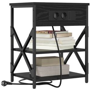 Nachttisch mit Regal, 2er-Set, Schwarz/Eiche