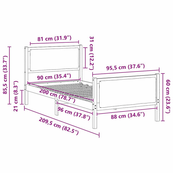 Bettrahmen mit Kopfteil Hellgrau 90x200 cm