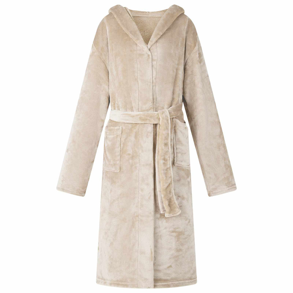 Beige Flanell Hoodie Bademantel - XL