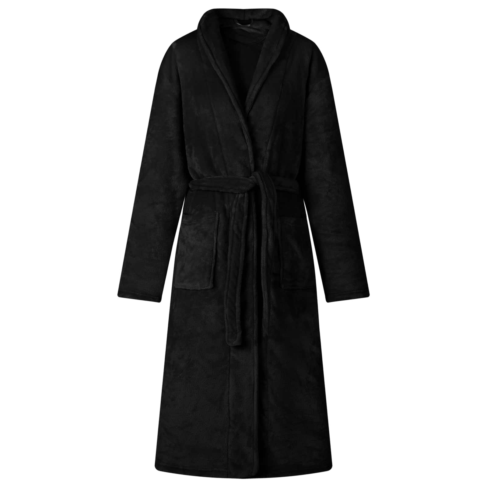 Schwarzer Flanell Bademantel ohne Kapuze - S