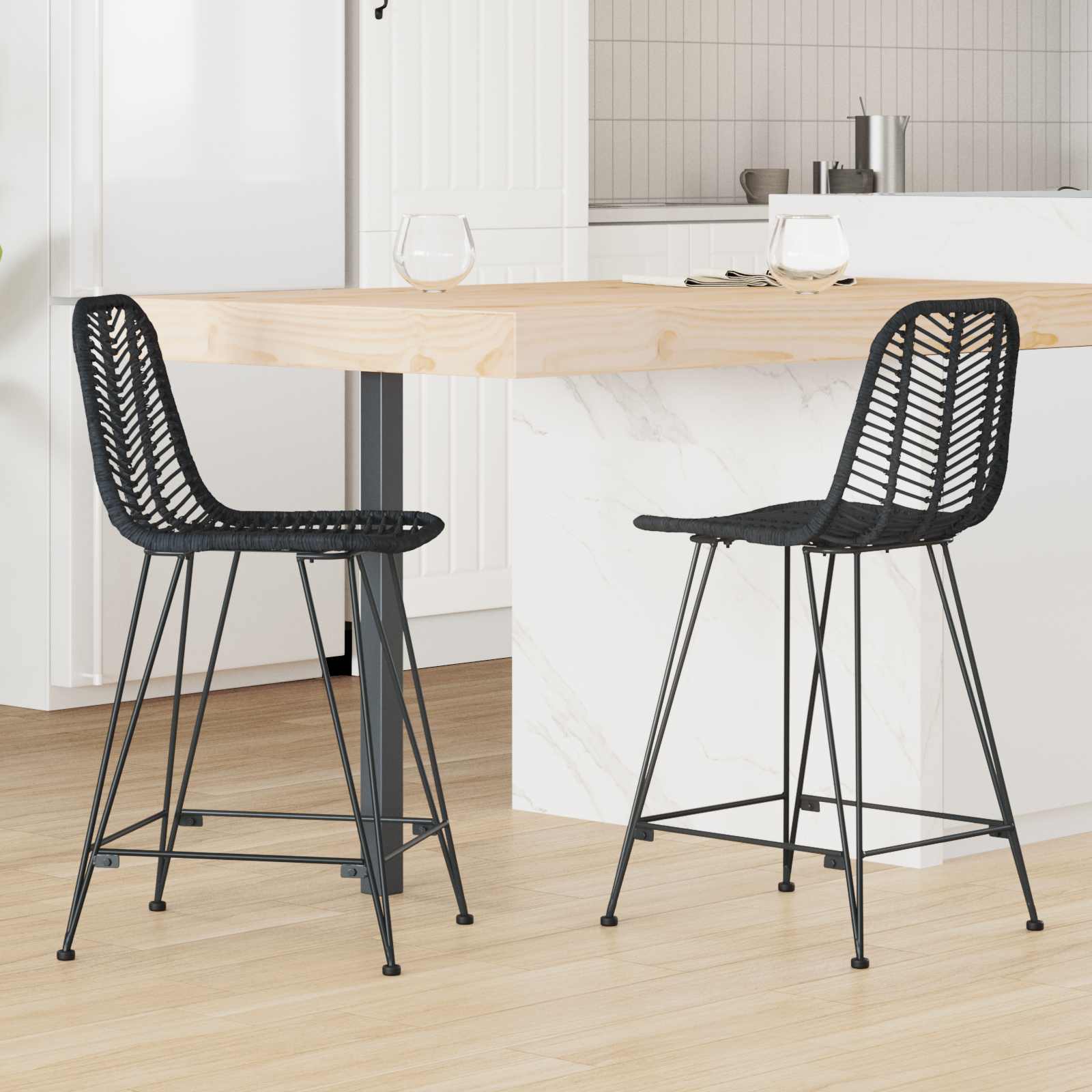 Barstühle 2er Set, Rattan & Eisen, Schwarz