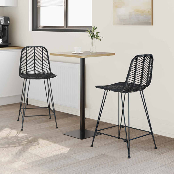 Barstühle 2er Set, Rattan & Eisen, Schwarz
