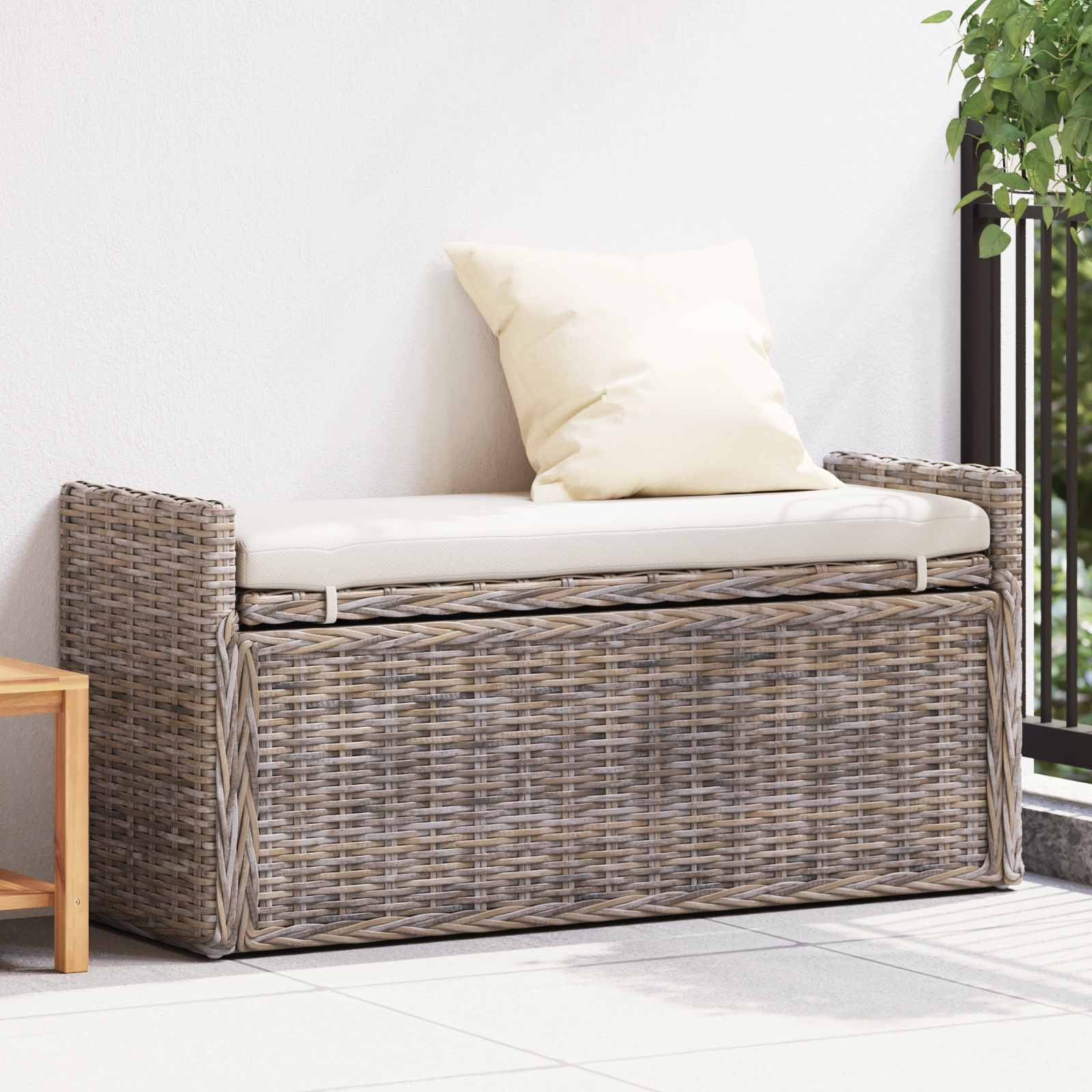 Sitzbank Rattan Grau 110 cm mit Stauraum