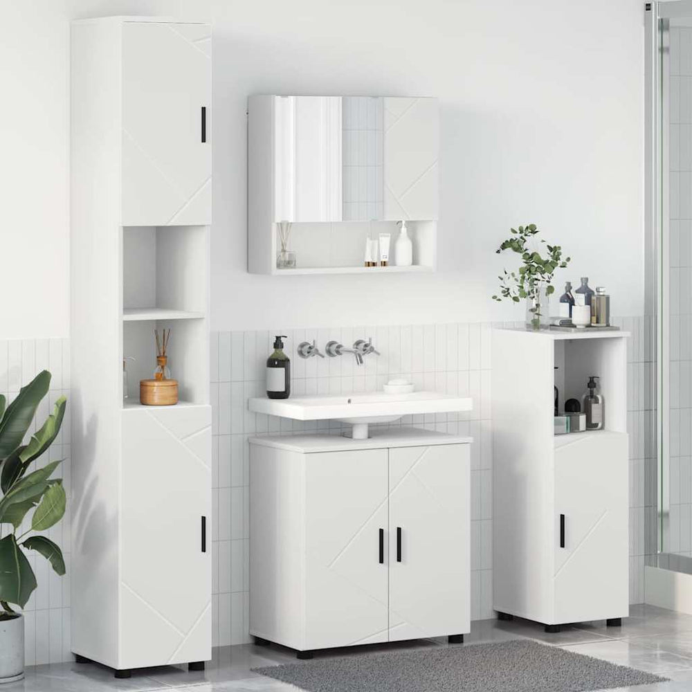 vidaXL Ensemble de meubles de salle de bain avec porte 4 pcs Blanc Bois d'ingénierie et métal