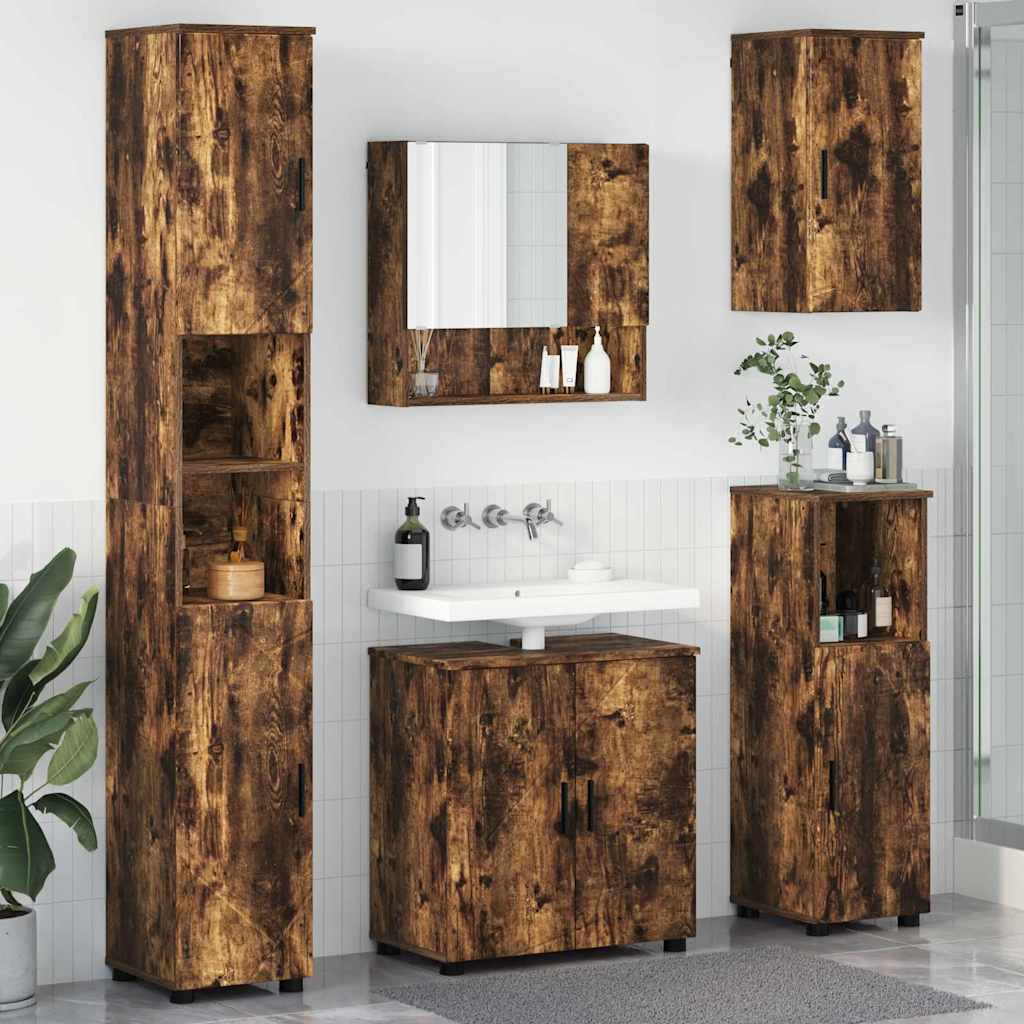 Wandmontiertes Badezimmermöbel-Set, 5-teilig, Geräucherte Eiche