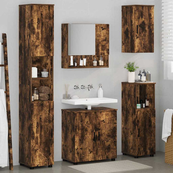 Wandmontiertes Badezimmermöbel-Set, 5-teilig, Geräucherte Eiche
