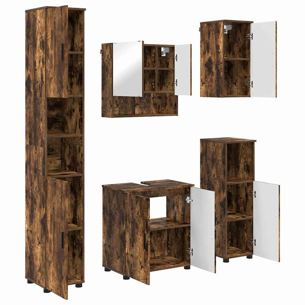 Wandmontiertes Badezimmermöbel-Set, 5-teilig, Geräucherte Eiche