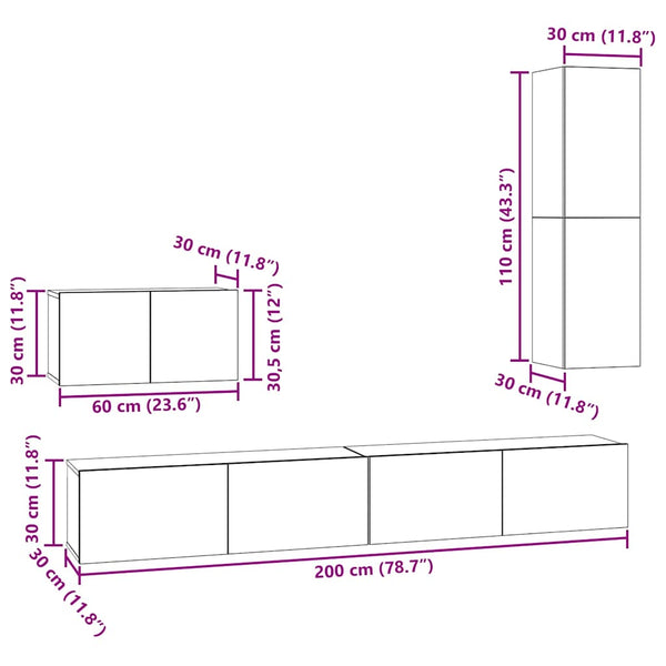 Wand-TV-Schrank Schwarz Eichen-Optik 4-teilig