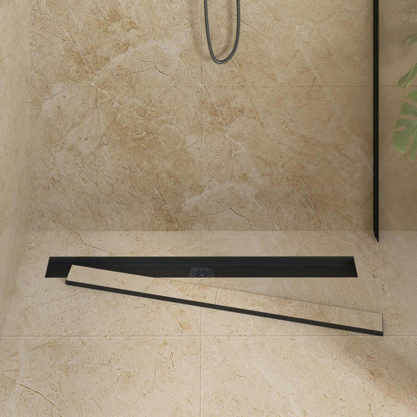 Schwarzer Duschablauf 90 cm mit Siphon