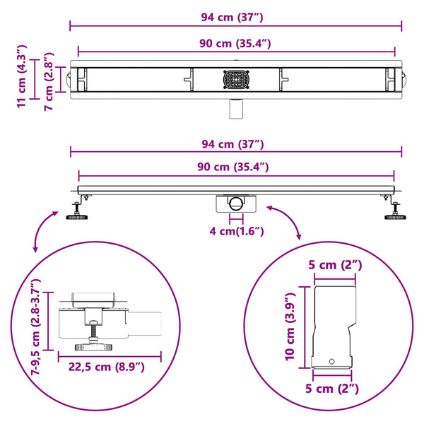 Schwarzer Duschablauf 90 cm mit Siphon
