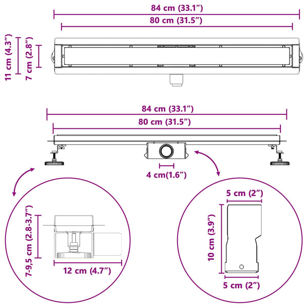2-in-1 Duschablauf Silber 80cm Edelstahl