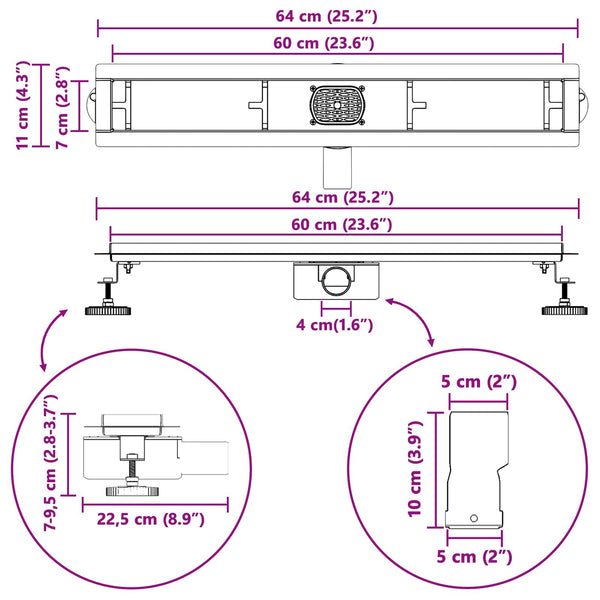 Schwarzer Duschablauf 2-in-1 Edelstahl 60cm