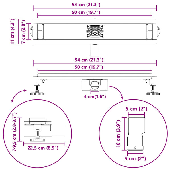 Schwarzer Duschablauf 2-in-1 Edelstahl 50cm