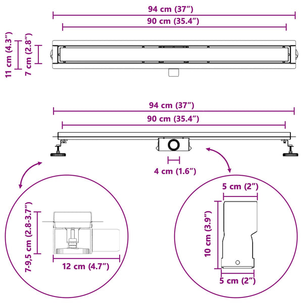 Schwarzer Duschablauf mit Glasabdeckung 90cm
