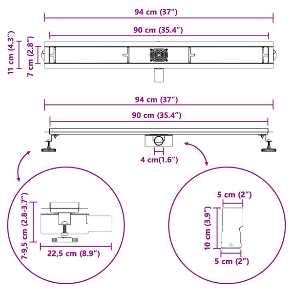 2-in-1 Duschablauf Silber 90cm Edelstahl