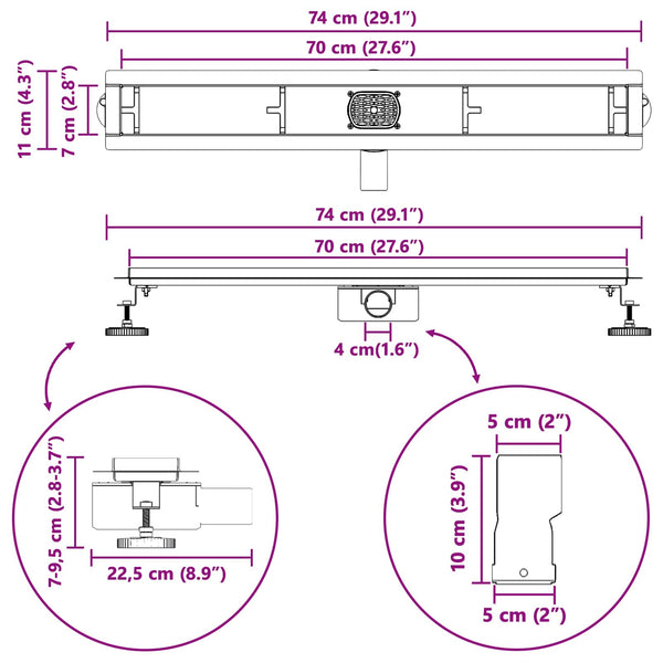 Schwarzer Duschablauf 70 cm mit Siphon