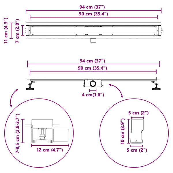 2-in-1 Duschablauf Silber 90cm Edelstahl