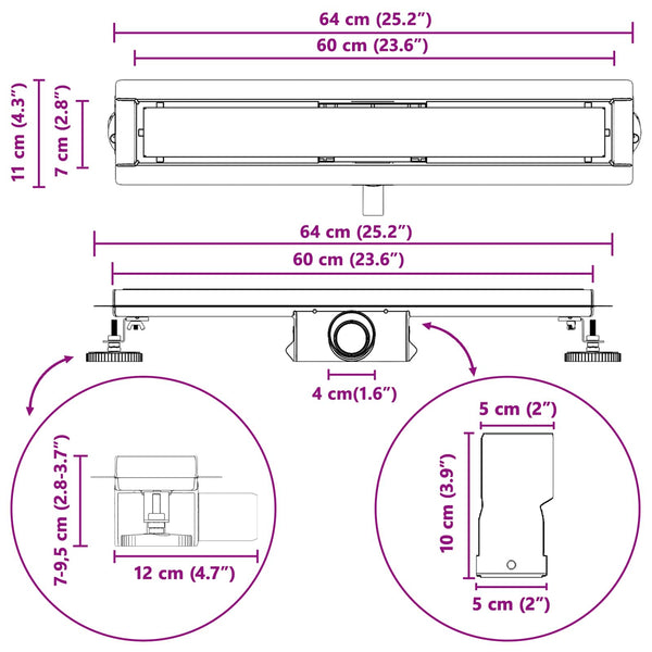 2-in-1 Duschablauf Silber 60cm Edelstahl