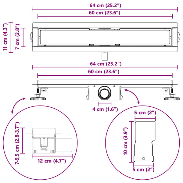 Schwarzer Duschablauf mit Glasabdeckung 60 cm