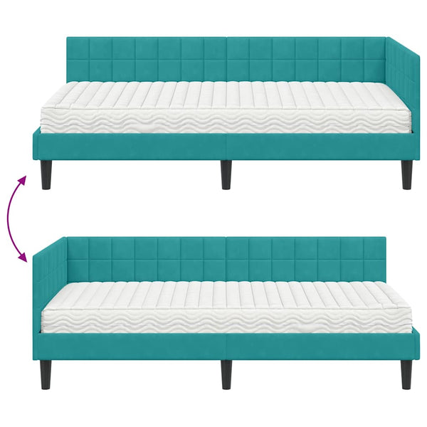 Eckbettgestell mit Matratze Türkis Samt 90x190 cm