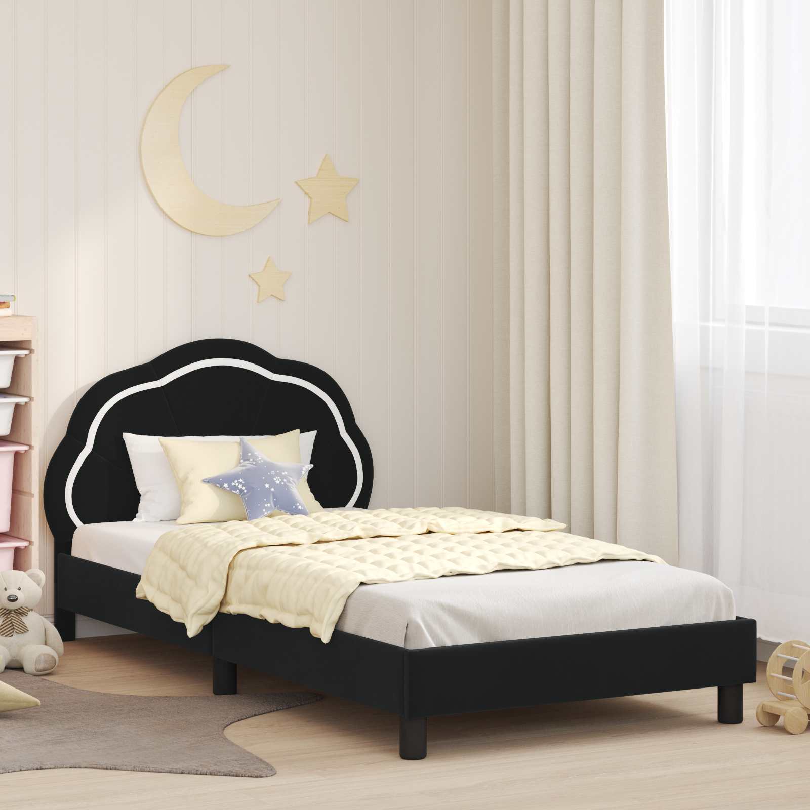 Kinderbettgestell mit Kopfteil Schwarz 90x200 cm Samt