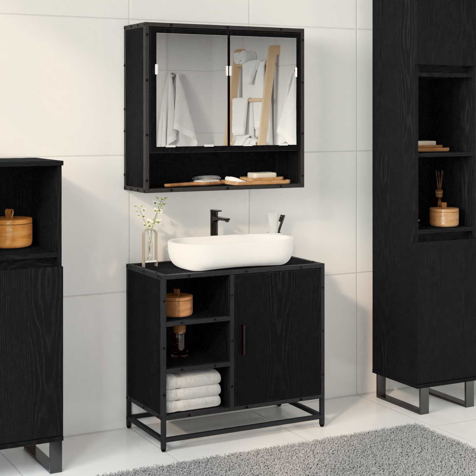Badschrank Schwarz Eichen-Optik, 65 cm