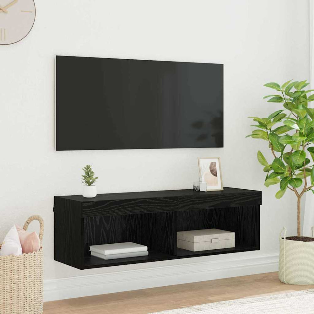 vidaXL Meuble TV mural avec LED Noir aspect chêne 100 x 30 x 30 cm