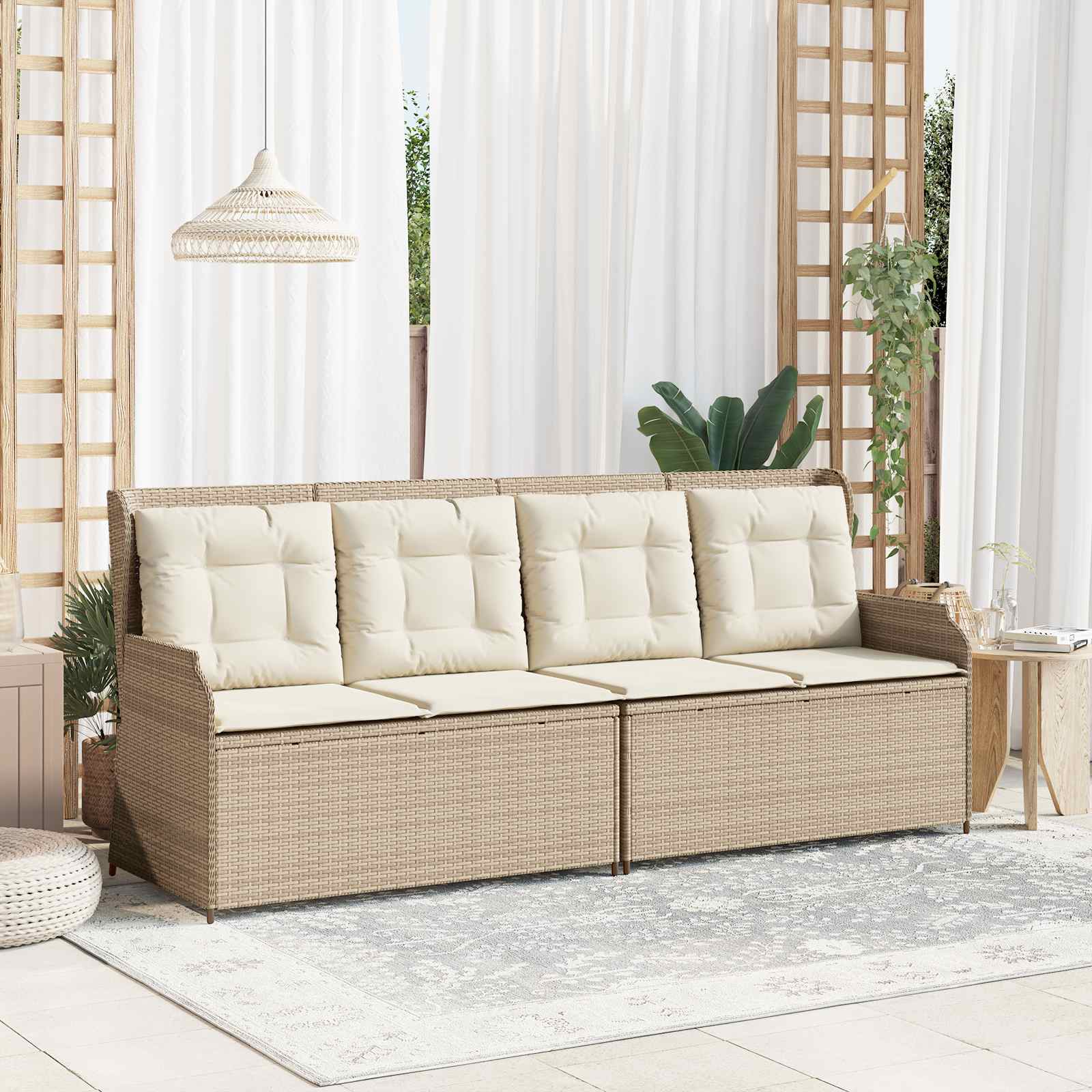 Gartenbank Poly-Rattan mit Kissen, Schwarz/Cremeweiß