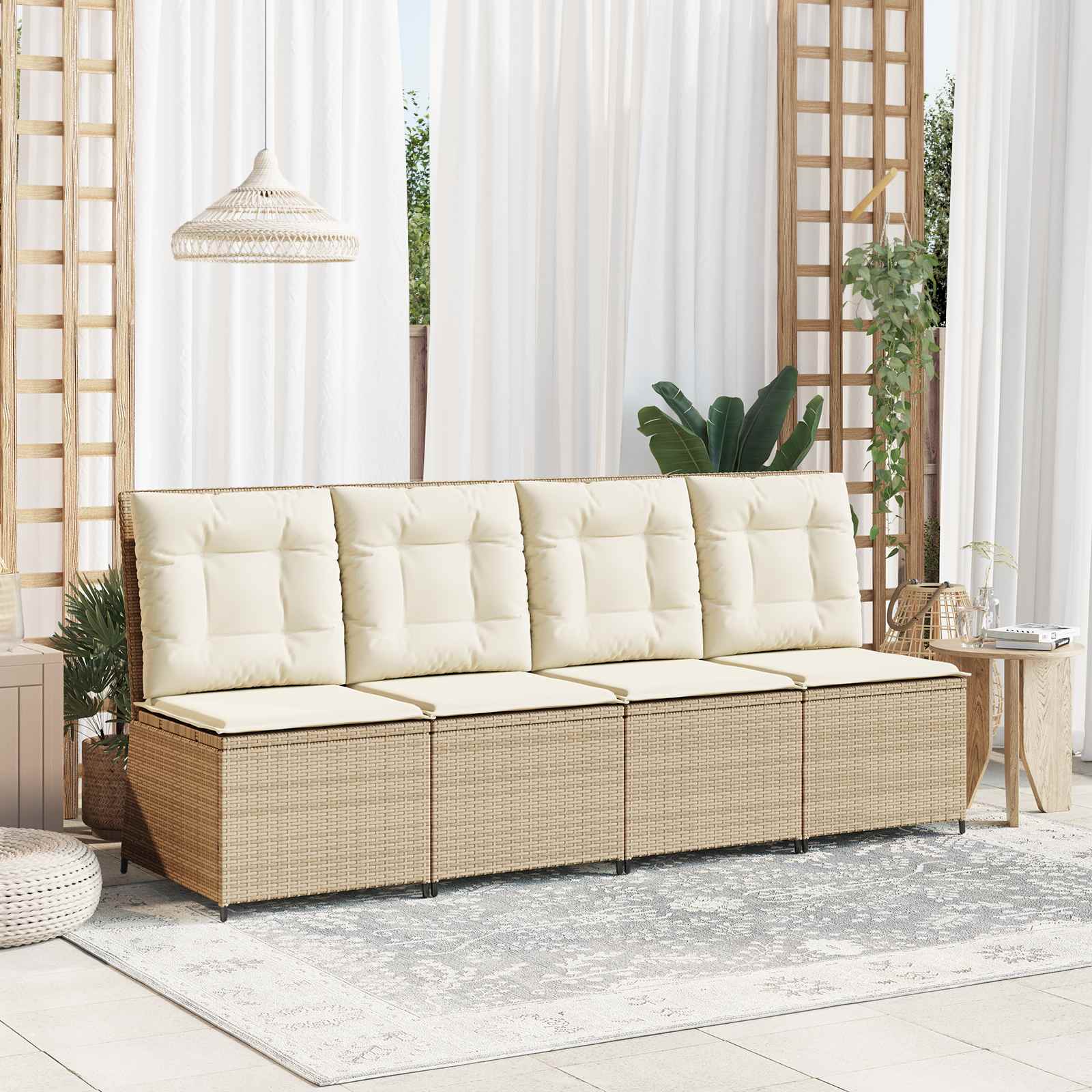Gartensofa Poly-Rattan mit Kissen, Schwarz/Cremeweiß