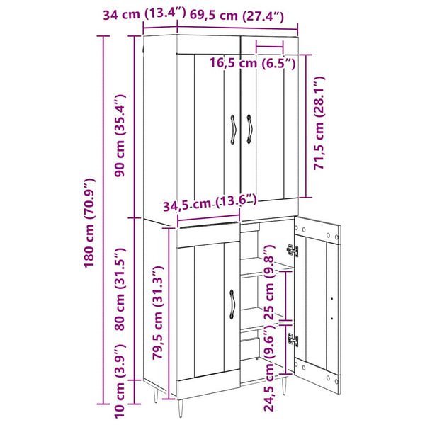 Highboard Schwarz Eichenoptik 69,5 cm