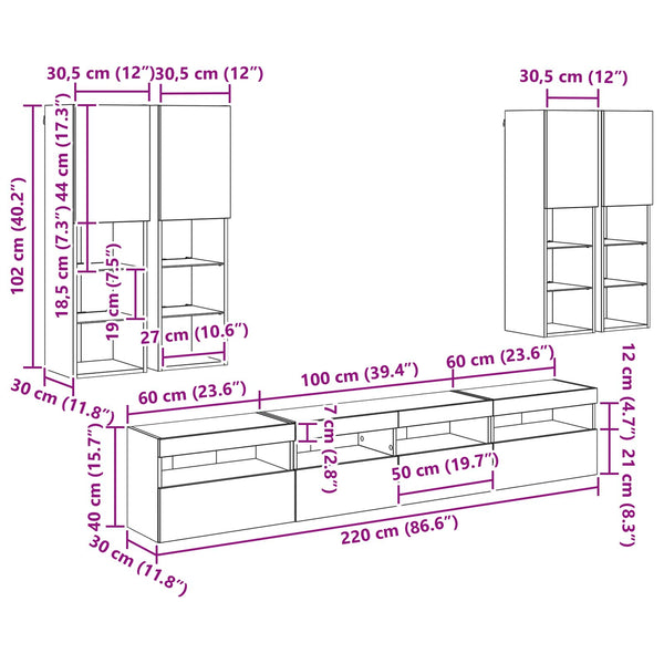 TV-Wandschrank Set mit LED Beleuchtung Eiche