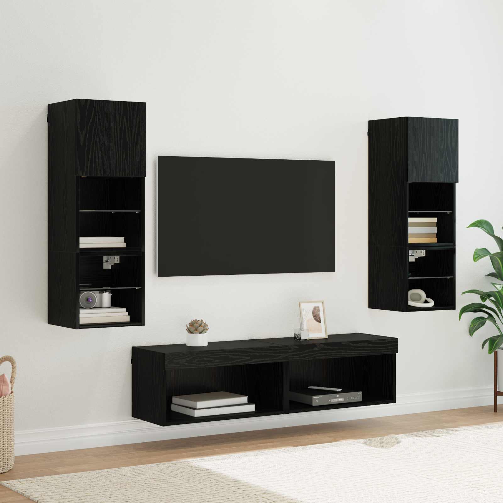 TV-Wandmöbel Set Schwarz Eichenoptik