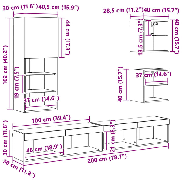 TV Wandregal mit LED, Artisan Eiche, 5-teilig