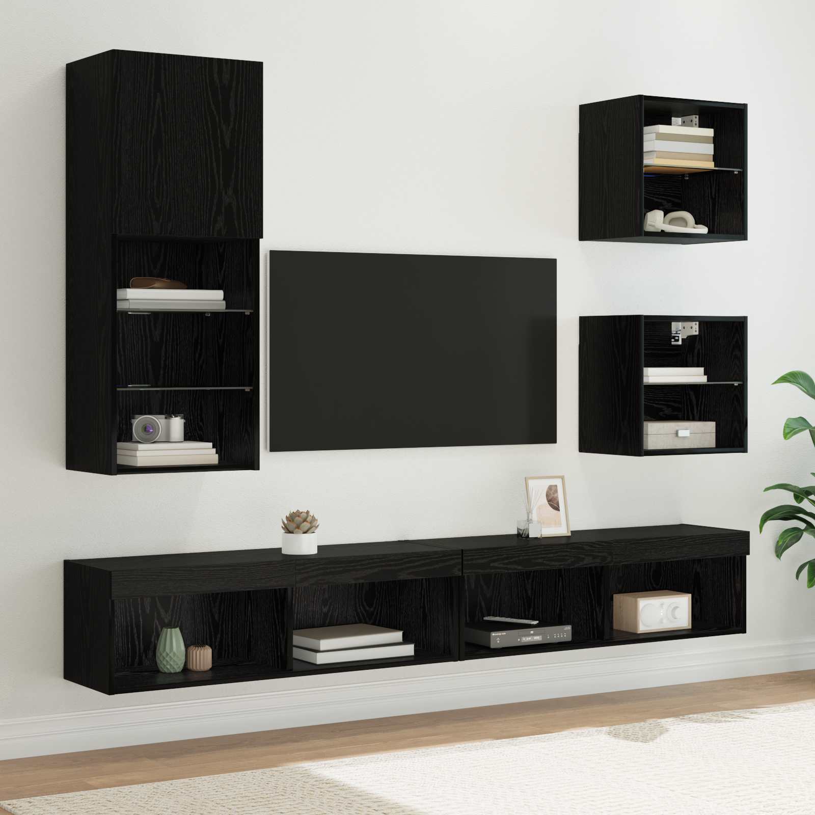 TV Wand Einheit mit LED, 5-teilig, Schwarz Eiche