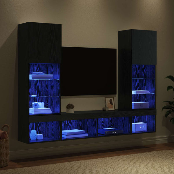 TV Wandregal mit LED Schwarz Eiche