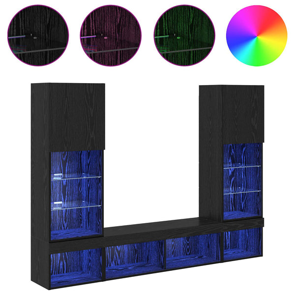 TV Wandregal mit LED Schwarz Eiche