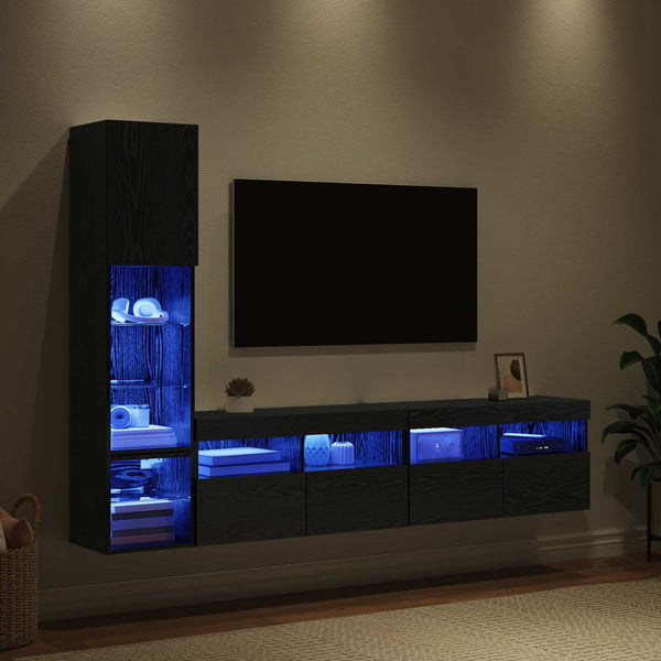 TV-Wandmöbel mit LED, Schwarz/Eiche Optik