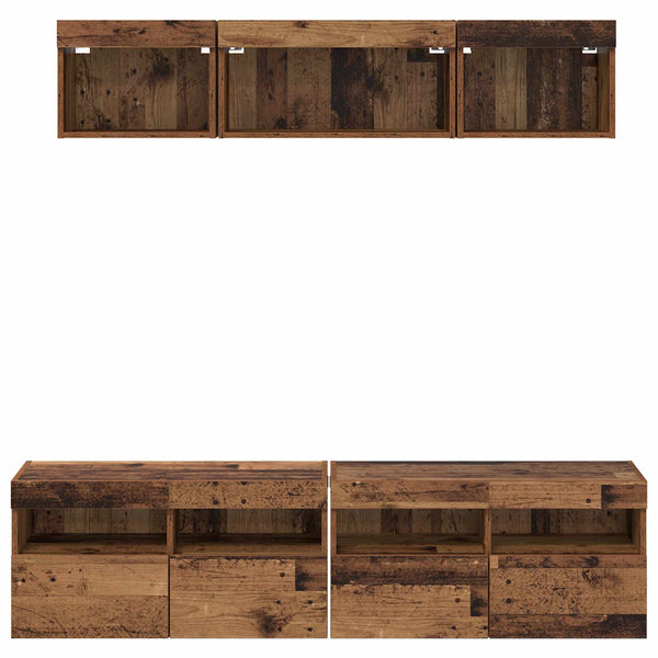 TV Wandregal mit LED, 5-teilig, Altholz-Optik