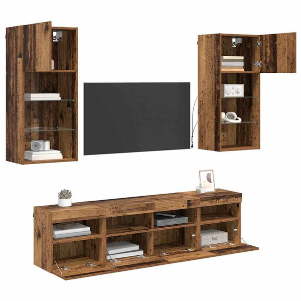 TV Wand Einheiten mit LED Altholz 5er Set