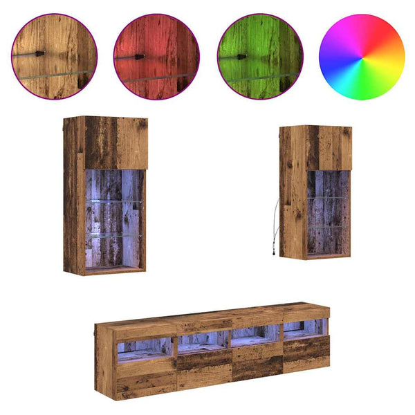 TV Wand Einheiten mit LED Altholz 5er Set