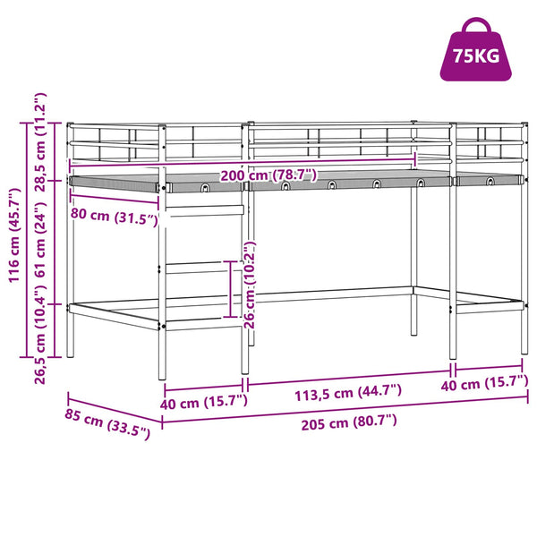Weißes Kinder-Loftbett 79,5x200 cm