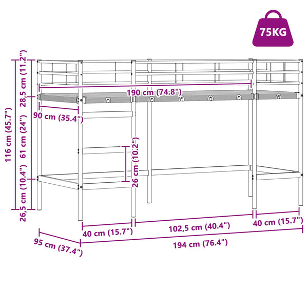 Weißes Kinder-Hochbett 90x190 cm Stahl