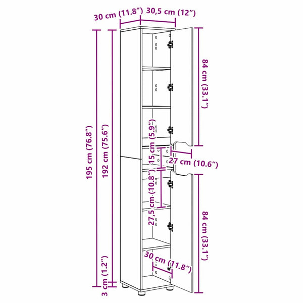 vidaXL Meuble de salle de bain bois de récupération 30,5 x 30 x 195 cm Bois d'ingénierie