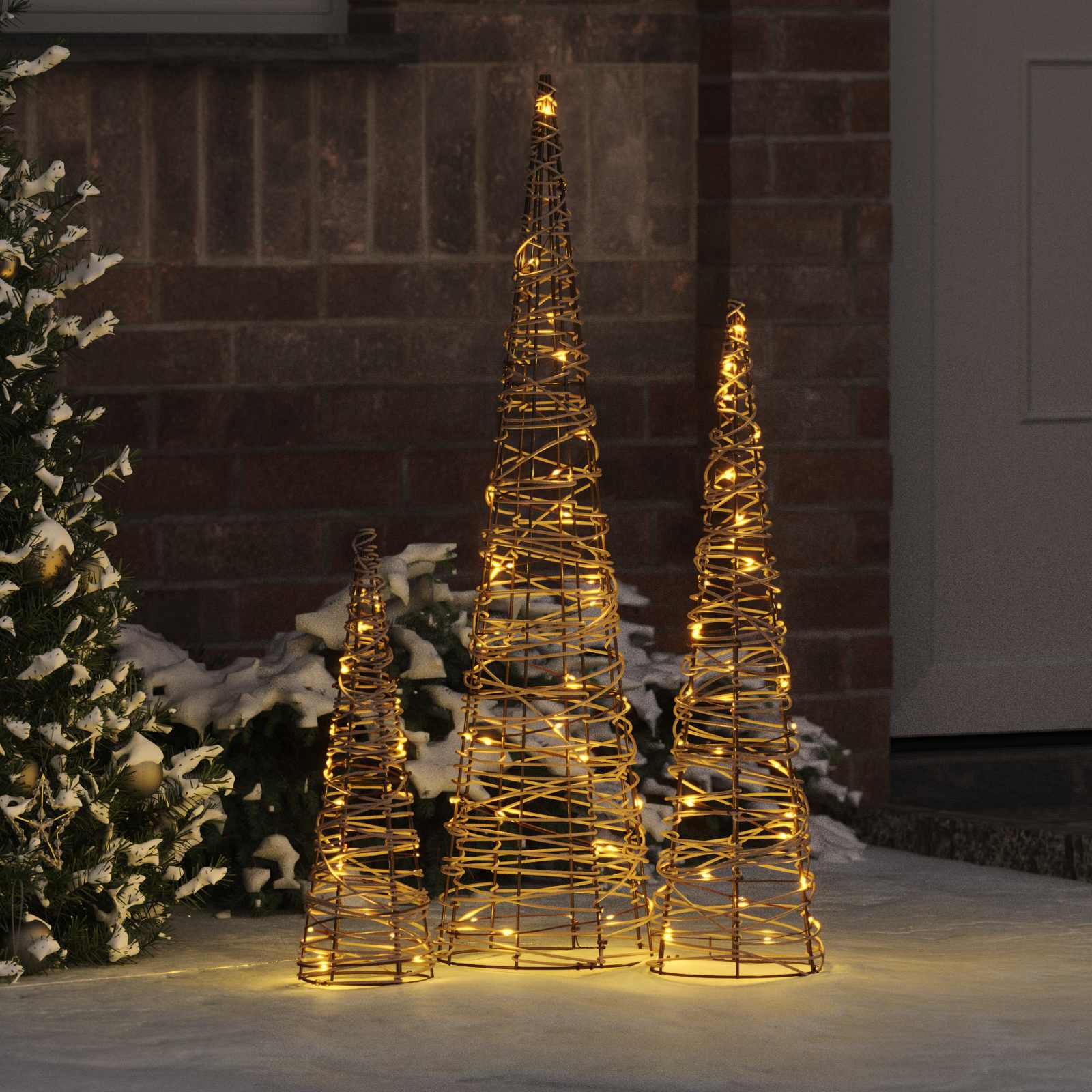 Weihnachtsbaum 3er Set Warmweiß Rattan 80cm