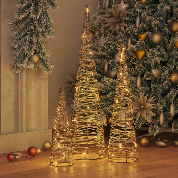 Weihnachtsbaum 3er Set Warmweiß Rattan 80cm