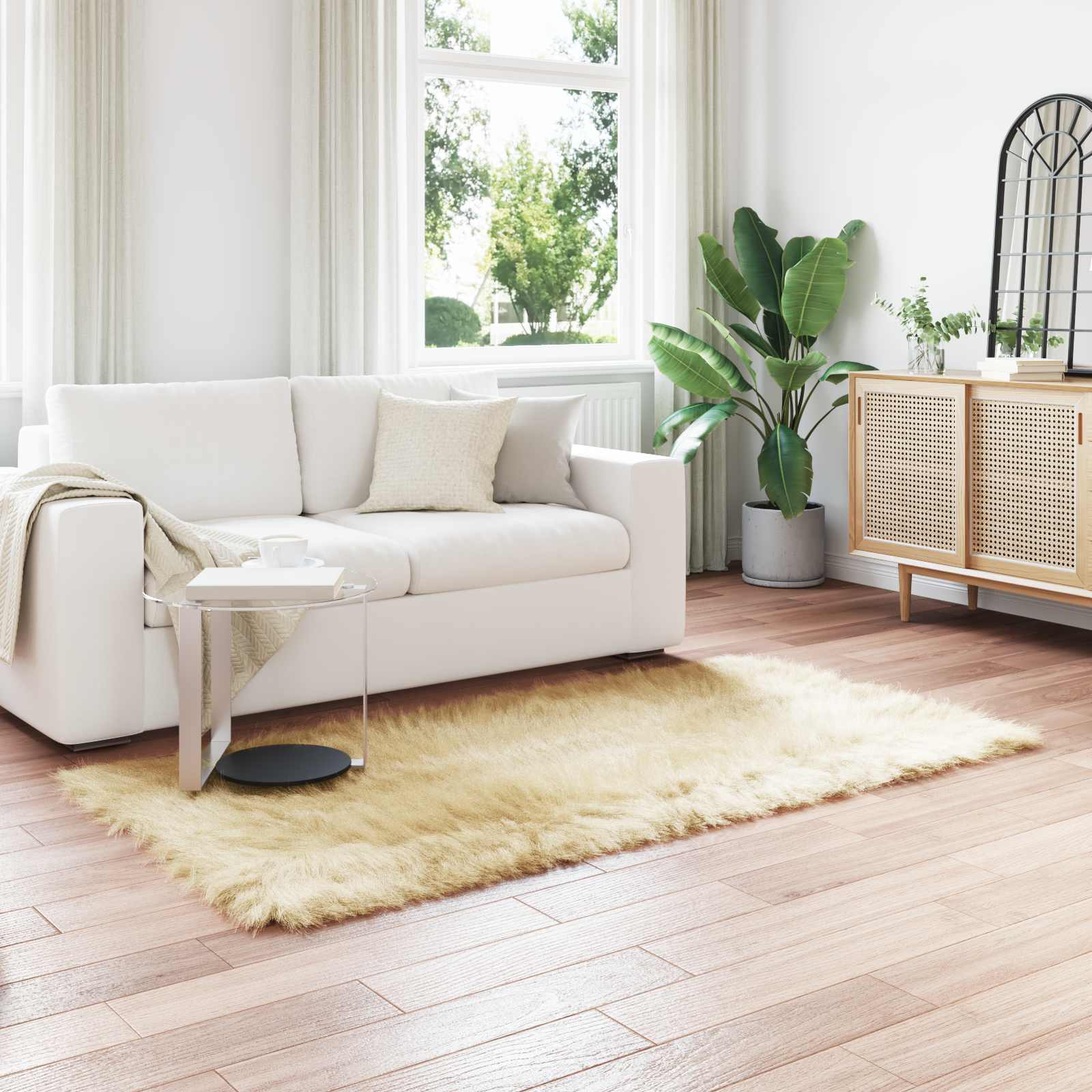 Creme Kunstfell Teppich 100x200 cm