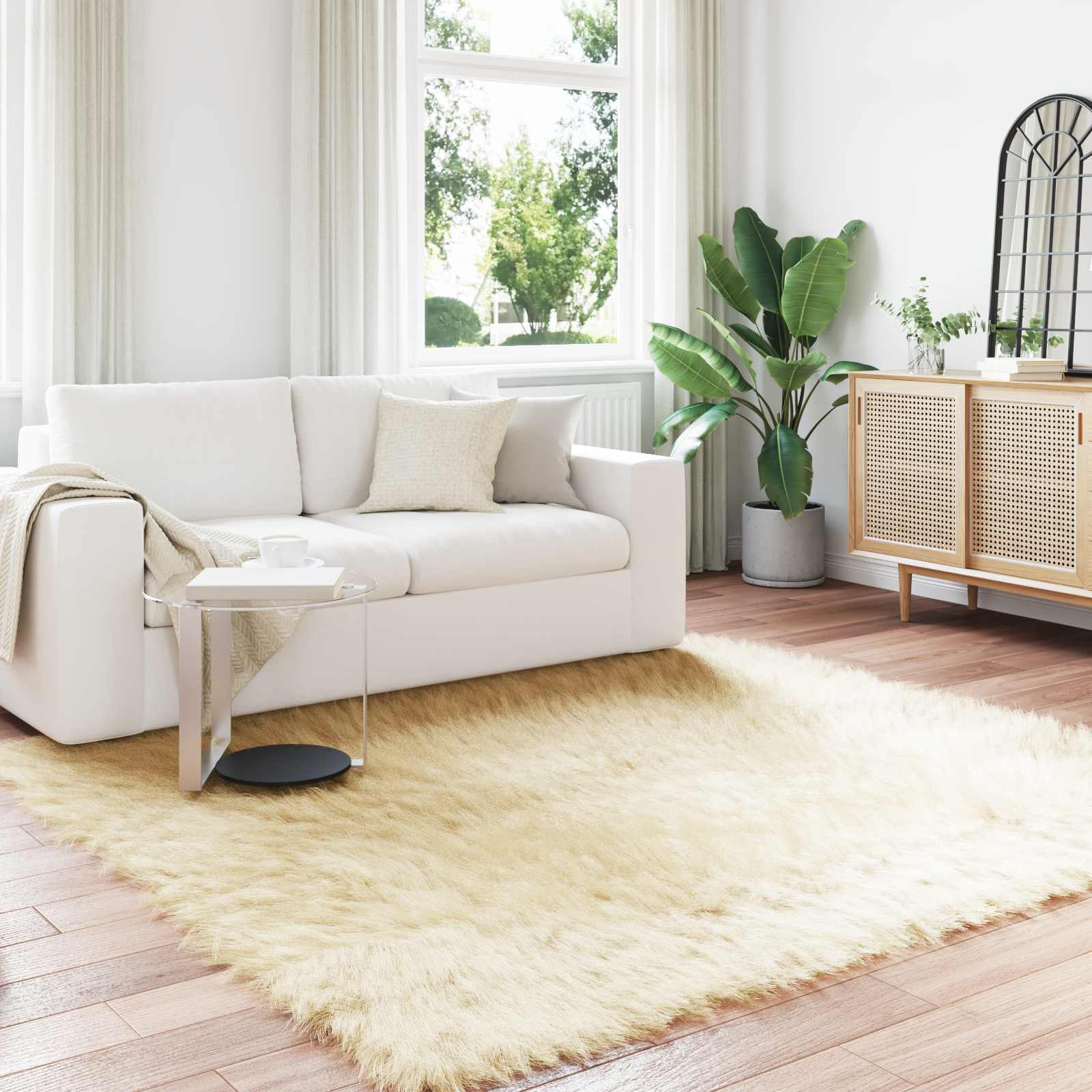 Creme Kunstfell Teppich 200x200 cm